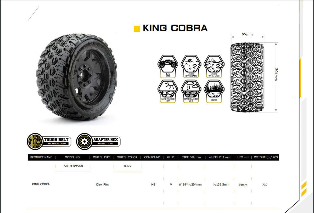 Powerhobby King Cobra 1/5 Belted Tires (2) FOR Traxxas X-Maxx Arrma Losi DBXL-E