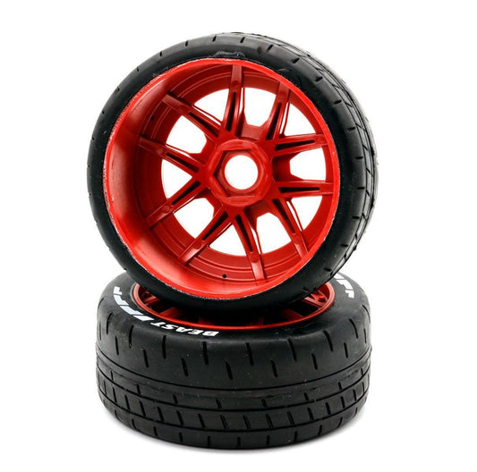 Powerhobby 1/8 GT Beast Belted Mounted Tires 17mm Soft Red Wheels