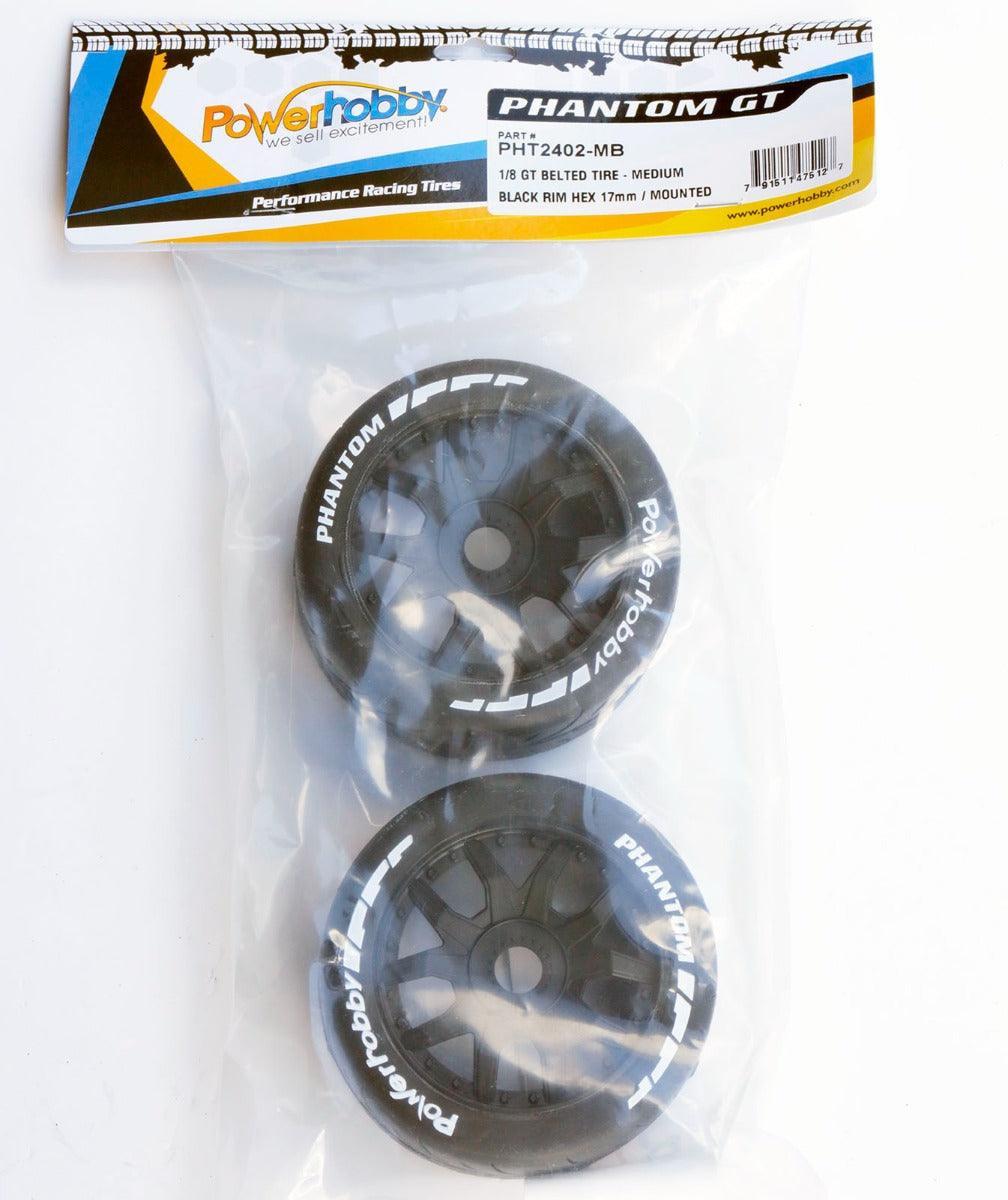 Powerhobby 1/8 GT Phantom Belted Mounted Tires 17mm Medium Black Wheels
