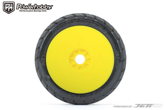 Powerhobby 1/8 Buggy Rockform Belted Tires Mounted on Yellow Dish Wheels