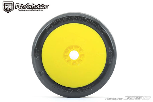 Powerhobby 1/8 Buggy Super Sonic Belted Tires Mounted on Yellow Dish Wheels