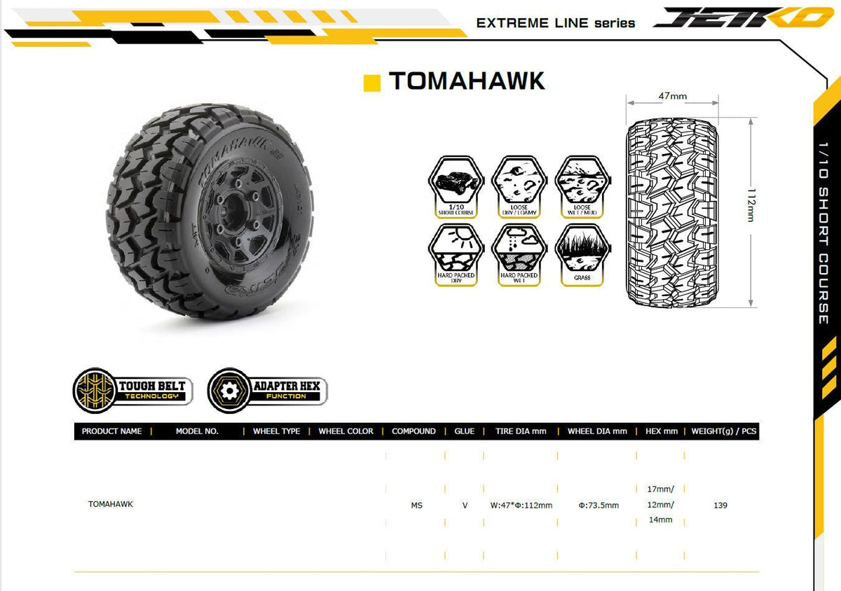 Powerhobby Tomahawk 1/10 SC Belted Tires (2) with Removable Hex Wheels