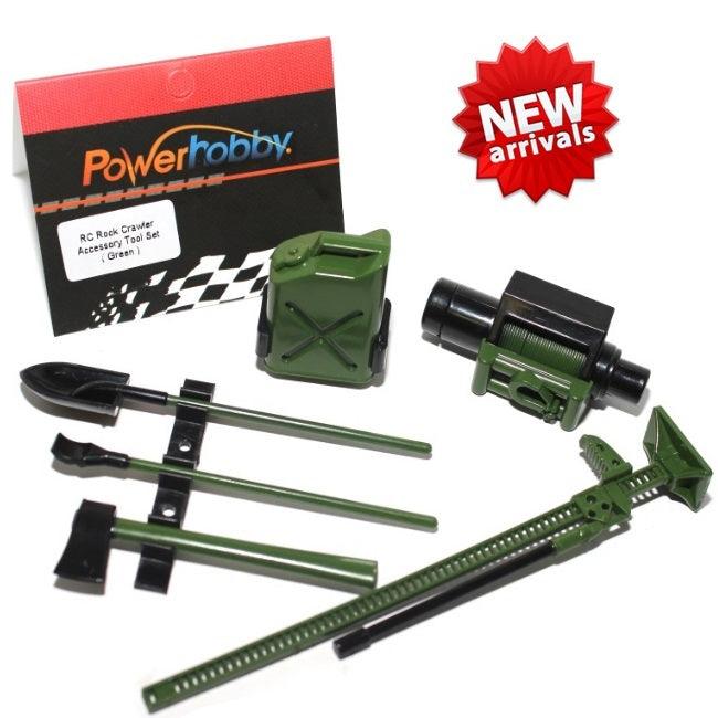 Powerhobby RC Rock Crawler Accessory Winch Axes Shovel Gas Can High Jack Green