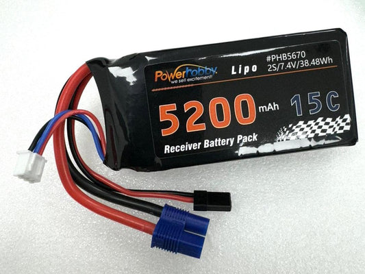 Powerhobby 2S 5200mah 15C LiPo Battery w/EC3 & JR Connector Receiver Pack