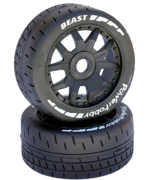 Powerhobby 1/8 GT Beast Belted Mounted Tires 17mm Medium Black Wheels