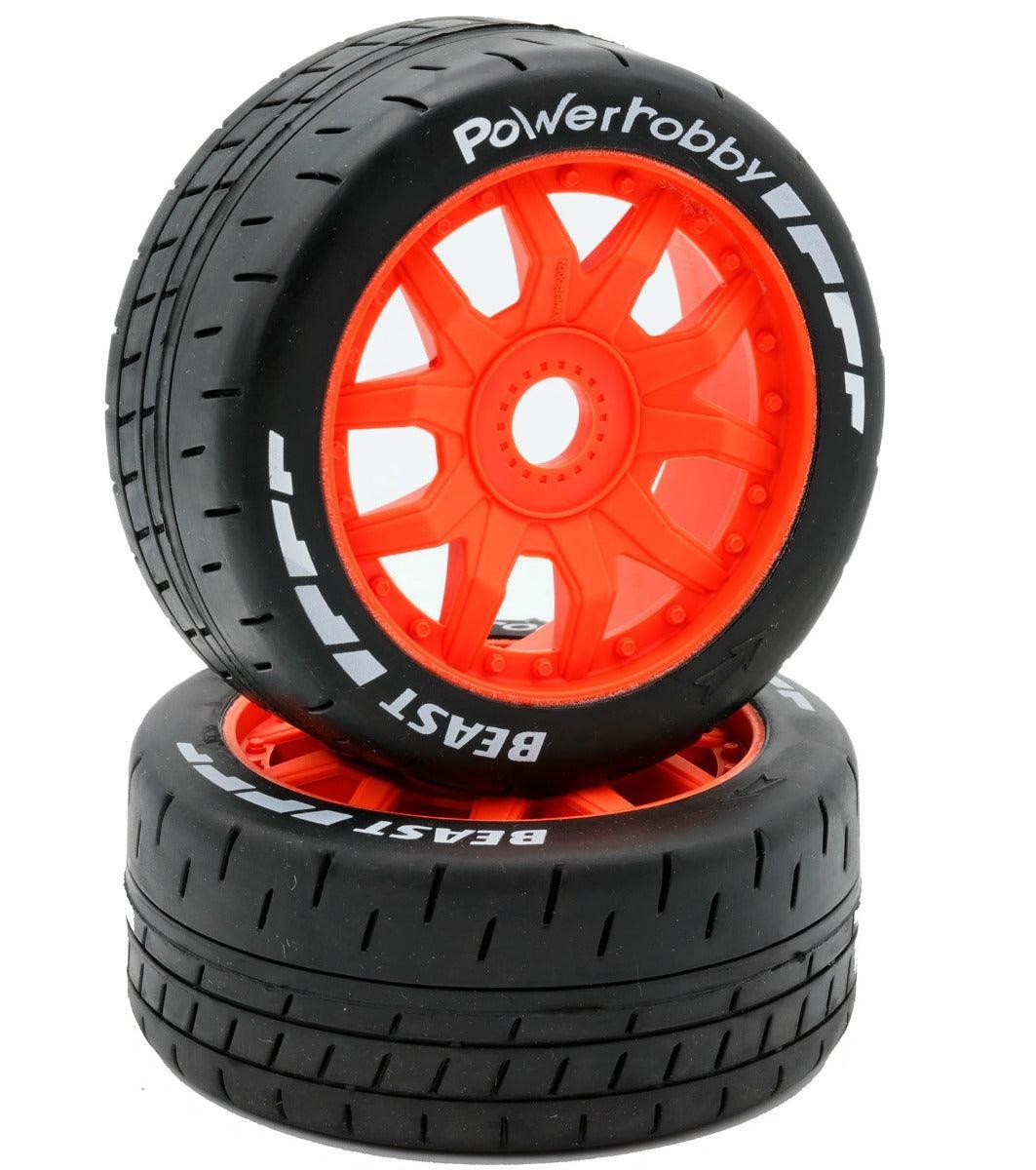 Powerhobby 1/8 GT Beast Belted Mounted Tires 17mm Soft Orange Wheels