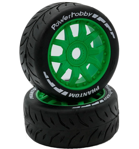Powerhobby 1/8 GT Phantom Belted Mounted Tires 17mm Medium Green Wheels
