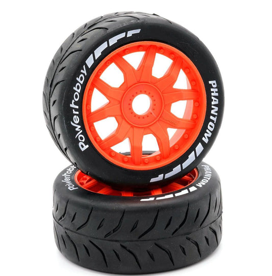 Powerhobby 1/8 GT Phantom Belted Mounted Tires 17mm Medium Orange Wheels