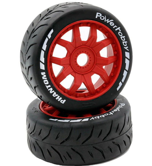 Powerhobby 1/8 GT Phantom Belted Mounted Tires 17mm Soft Red Wheels