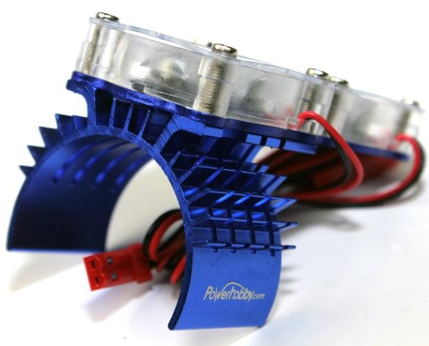 Powerhobby Aluminum Motor Heatsink Twin Dual Cooling Fan BLUE FOR Traxxas Slash 4x4